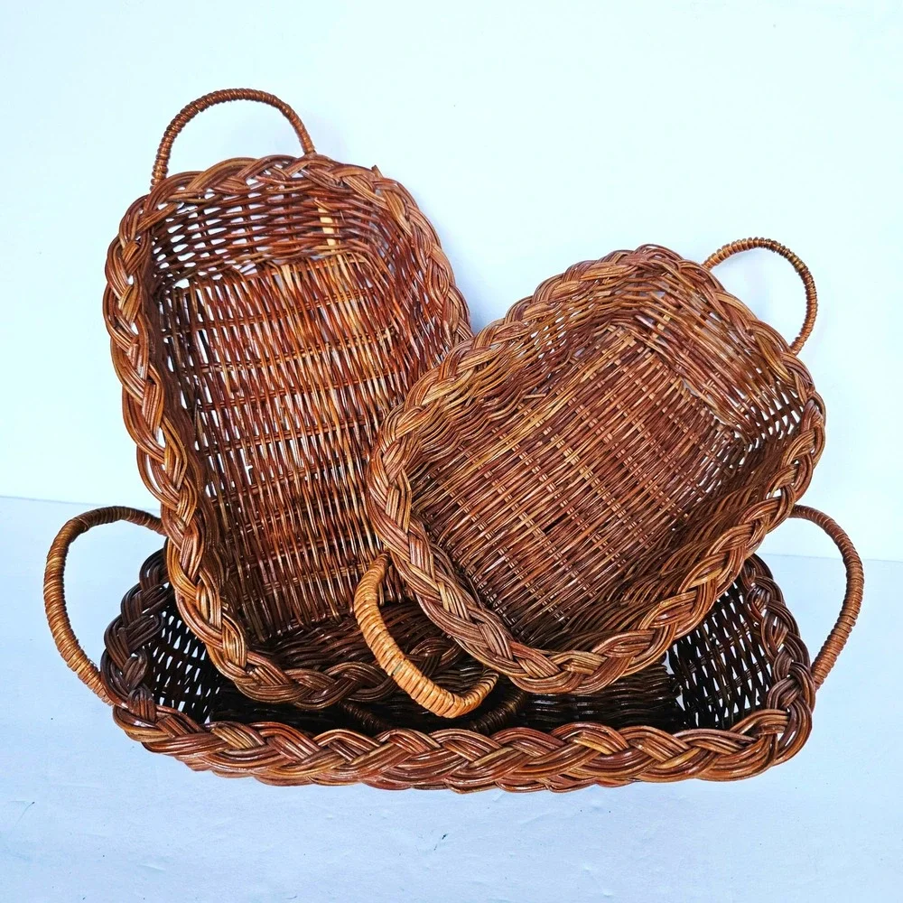 Vintage Nesting Wicker Baskets Set of 3 Braided Rim Rectangular Trays Boho Decor
